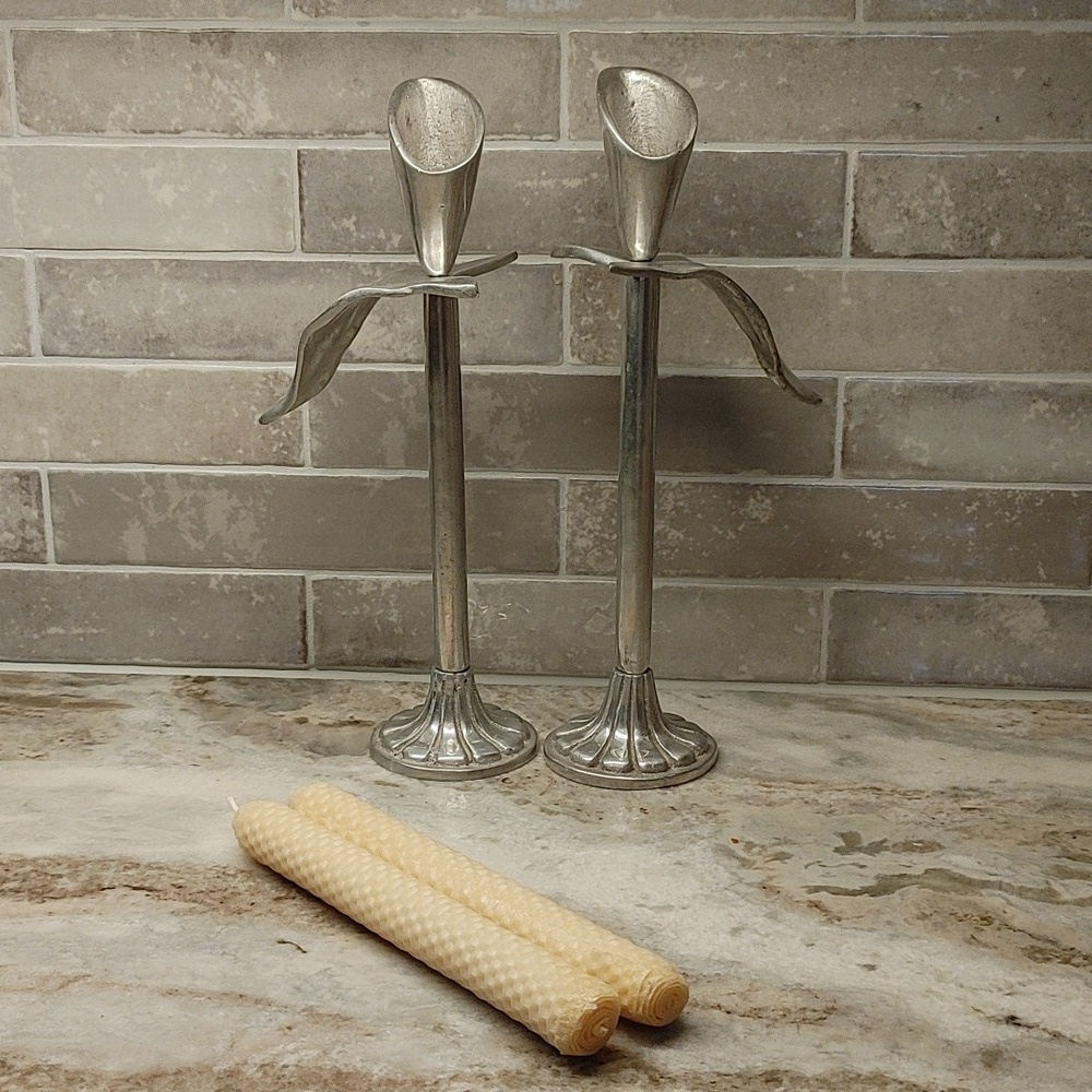 VTG Pair of Calla Lily Aluminum Candlesticks with Beeswax Candles